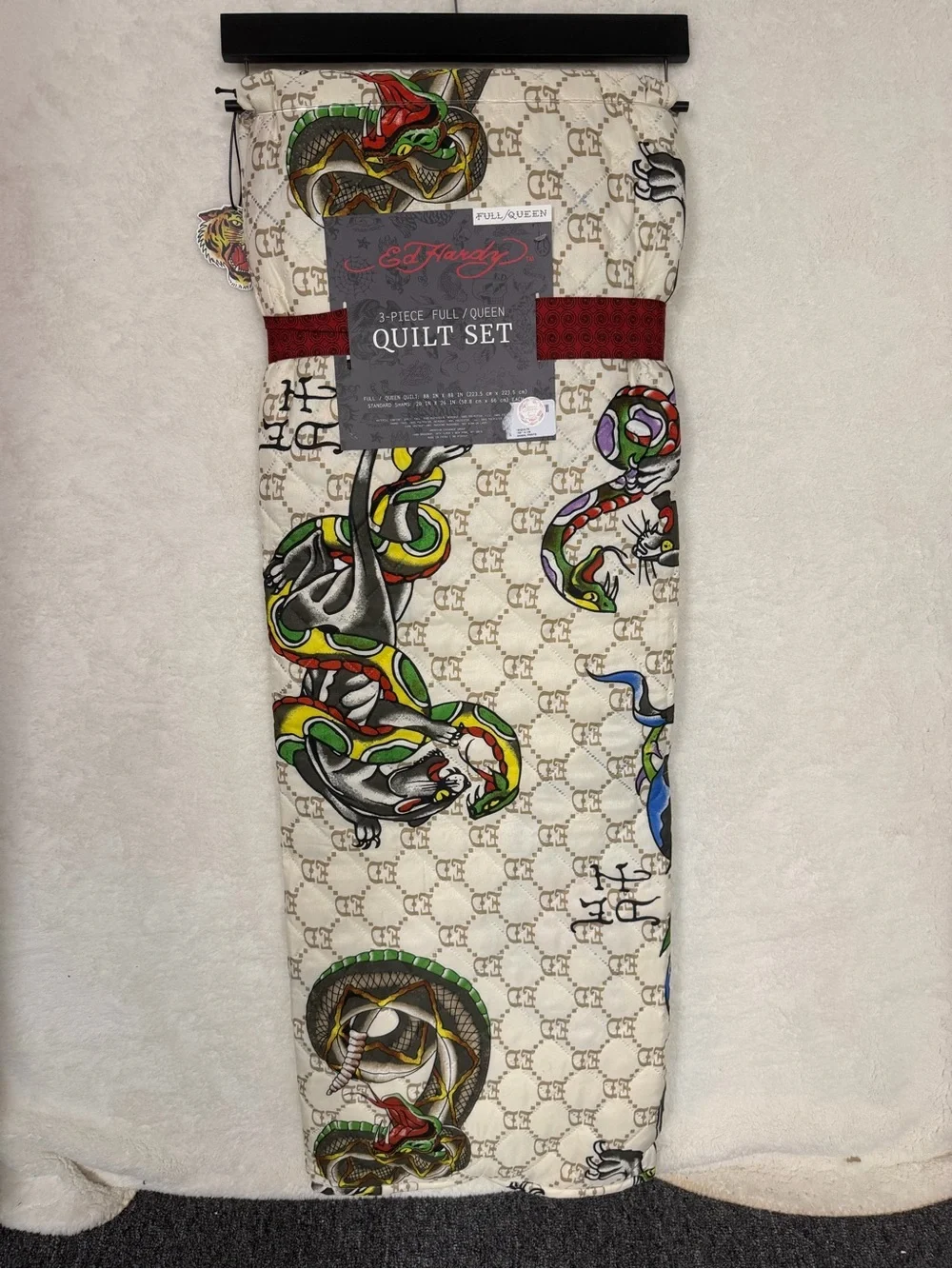 Ed Hardy Full / Queen Quilt Shams Set Bedding Panther Snake Accents ED Print NWT